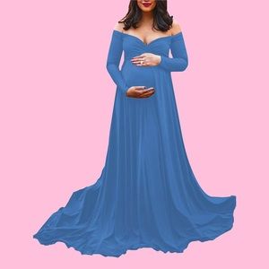 Maternity Photoshoot Off-Shoulder Blue Gown/Dress